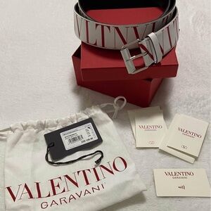 Valentino Garavani White Leather Belt with Red VLTN Logo UNISEX
